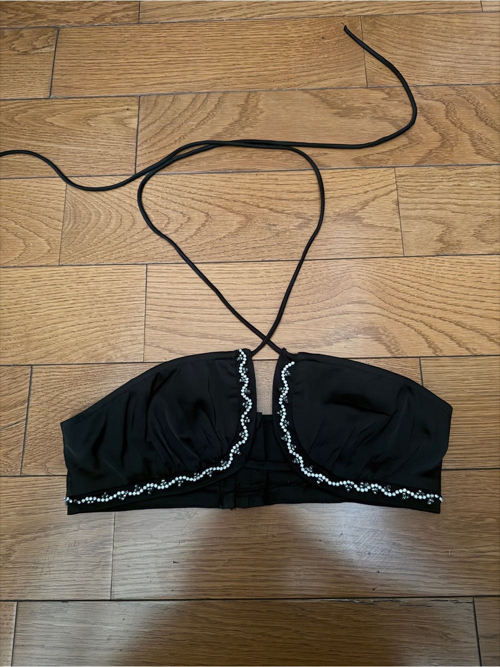 Zara Black Beaded Halter Bandeau Crop Top